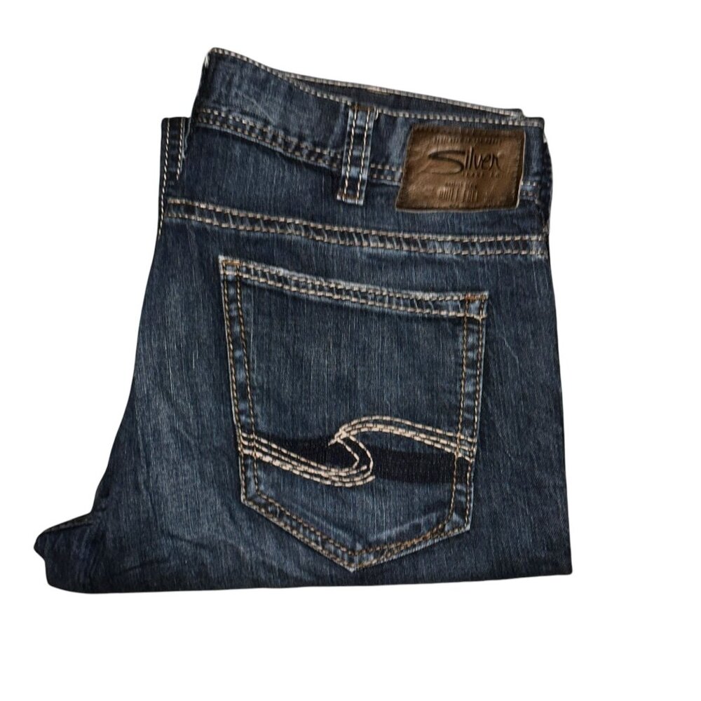 Silver Zac Straight Leg Jeans Mens 38 34 Medium Wash Distressed Embroidered